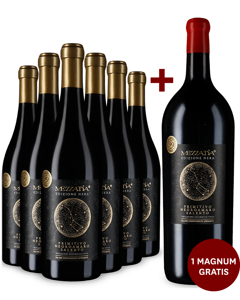 6 Flaschen Mezzatia Primitivo Negroamaro Edizione Nera 2021 + 1 Gratis-Magnum