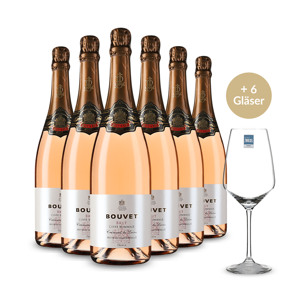 6 Flaschen + 6 Gläser: Hommage Crémant de Loire Rosé brut