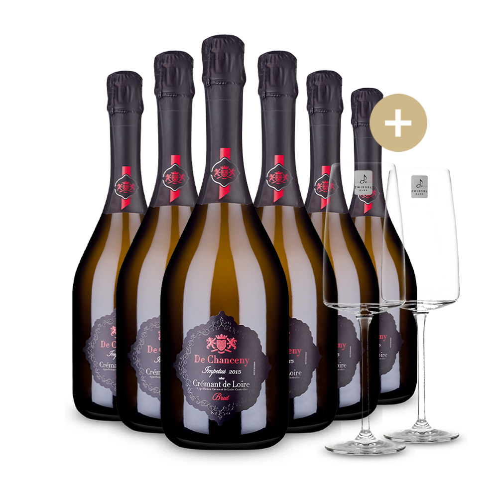 6 Flaschen De Chanceny Impetus Crémant de Loire Brut 2015 + 2 Schaumweingläser