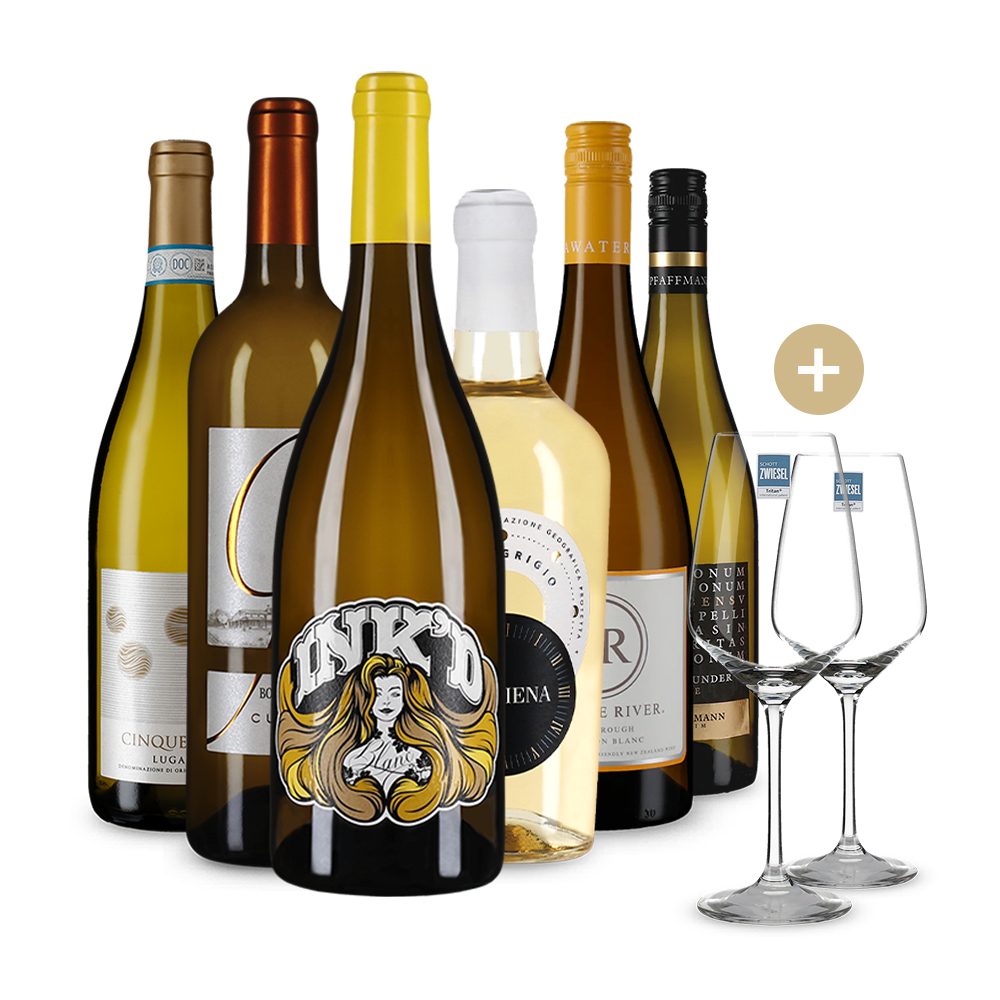 Advents-Set: 6 Weißweine mit 50% Rabatt + 2 Gratisgläser