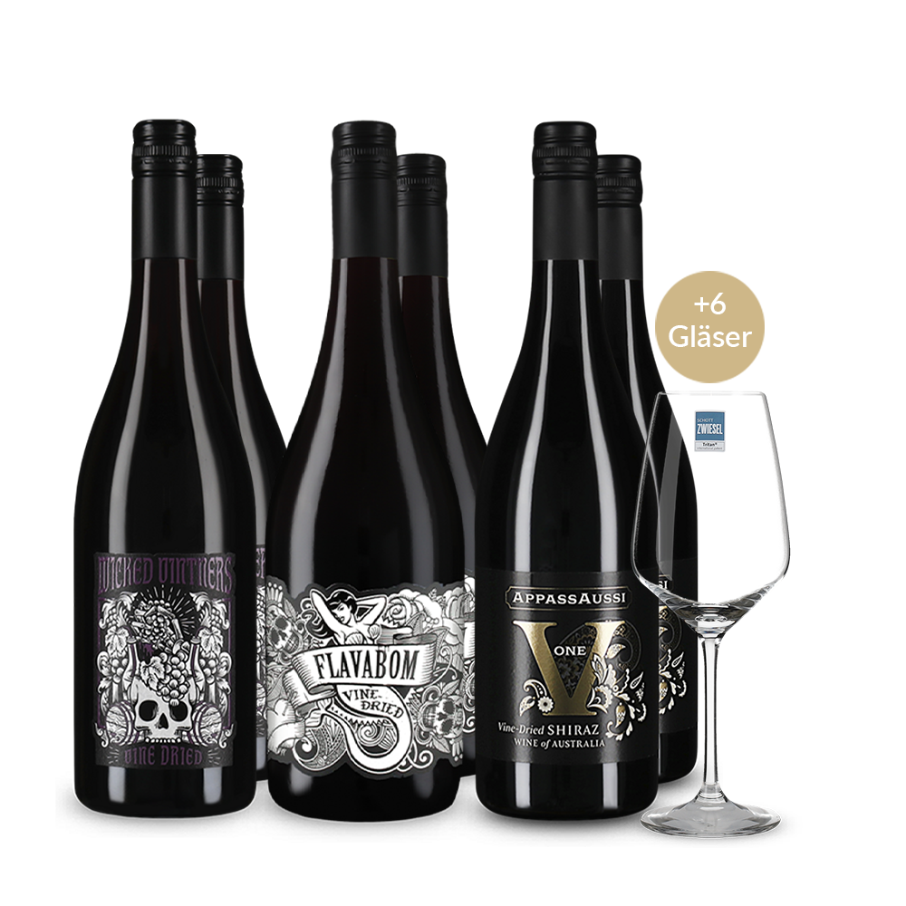 Australien-Highlights im Set: 3x2 Shiraz + 6 Weingläser