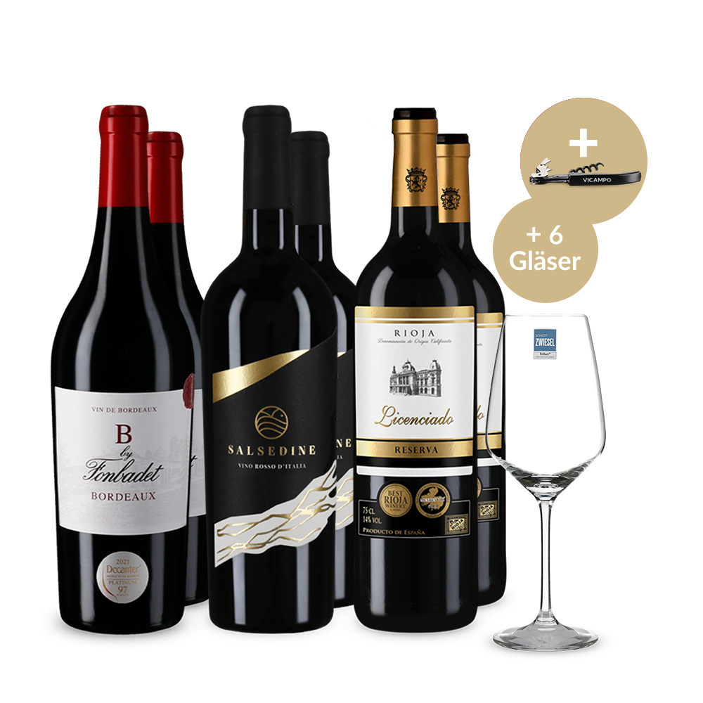 95+ Punkte: Europa-Weinreise + 6 Gläser + Kellnermesser