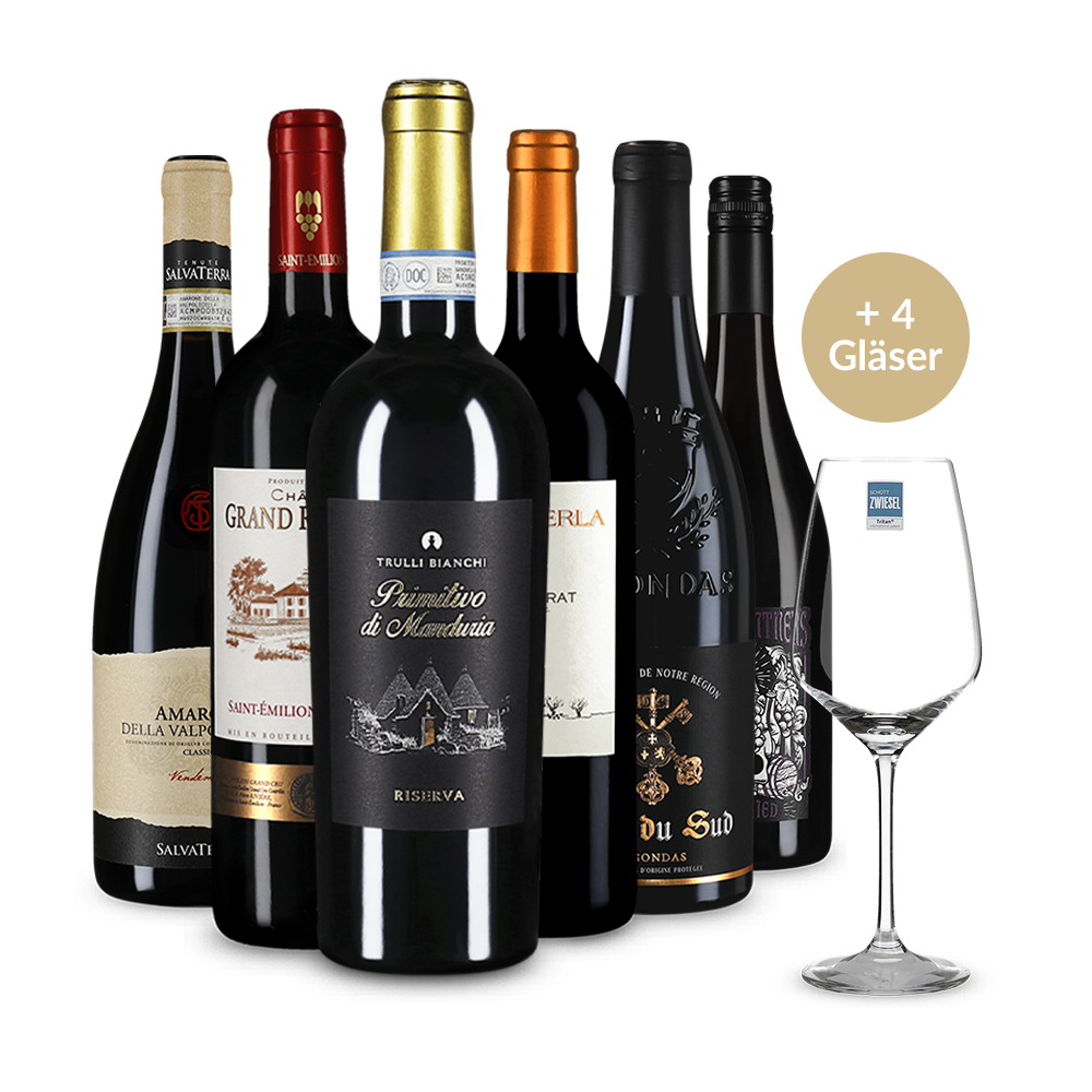 50% Rotwein-Saving-Set + 4 Gläser