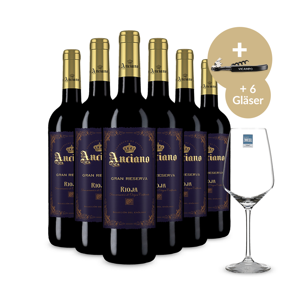 6 Flaschen Rioja Gran Reserva 2016 + 6 Weingläser + Kellnermesser