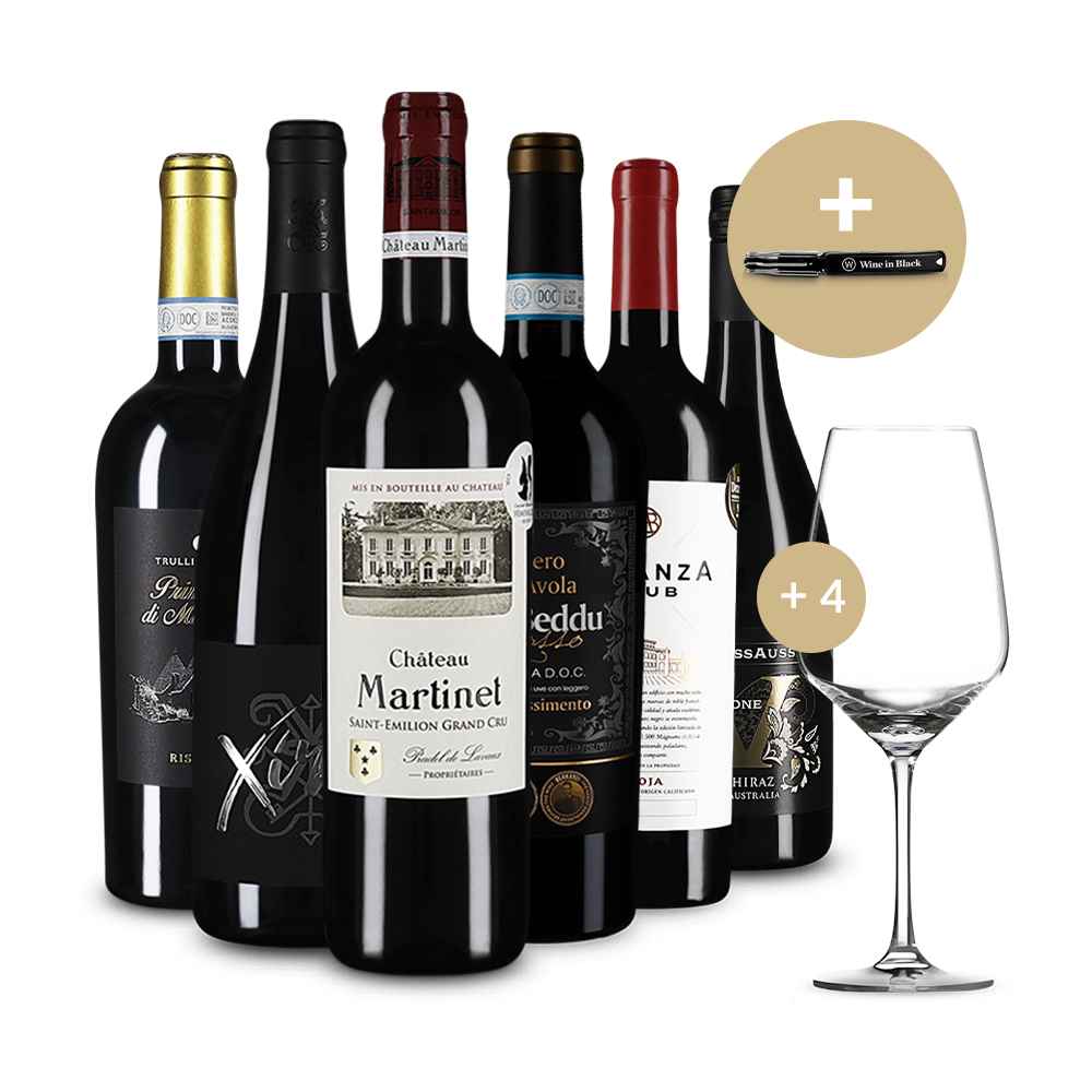 Sparset mit 50% Rabatt: 6 Rotwein-Giganten, 4 Gläser + Kellnermesser