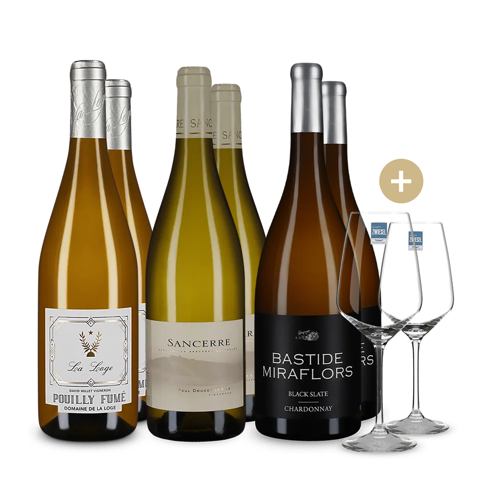 Premium-Set: 6 Französische Weißweine + 2 Gläser