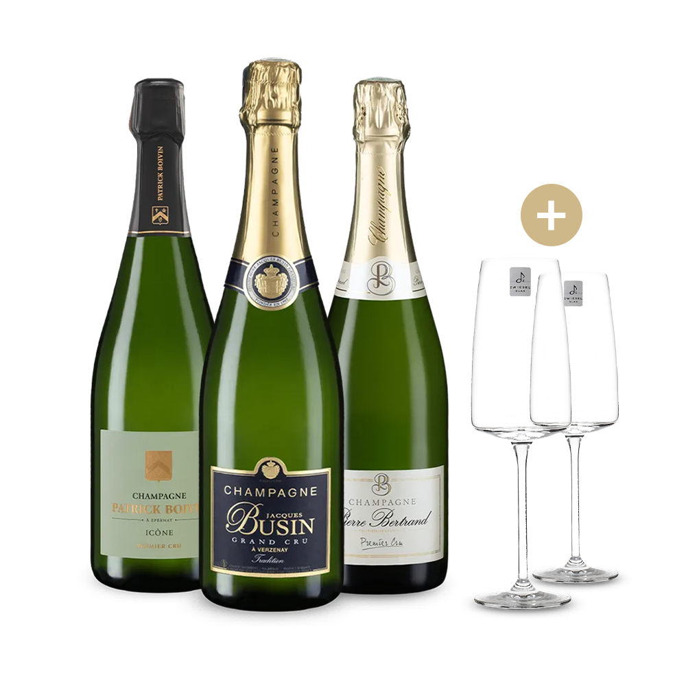 Cru Champagner im 3er-Set + 2 Schaumweingläser