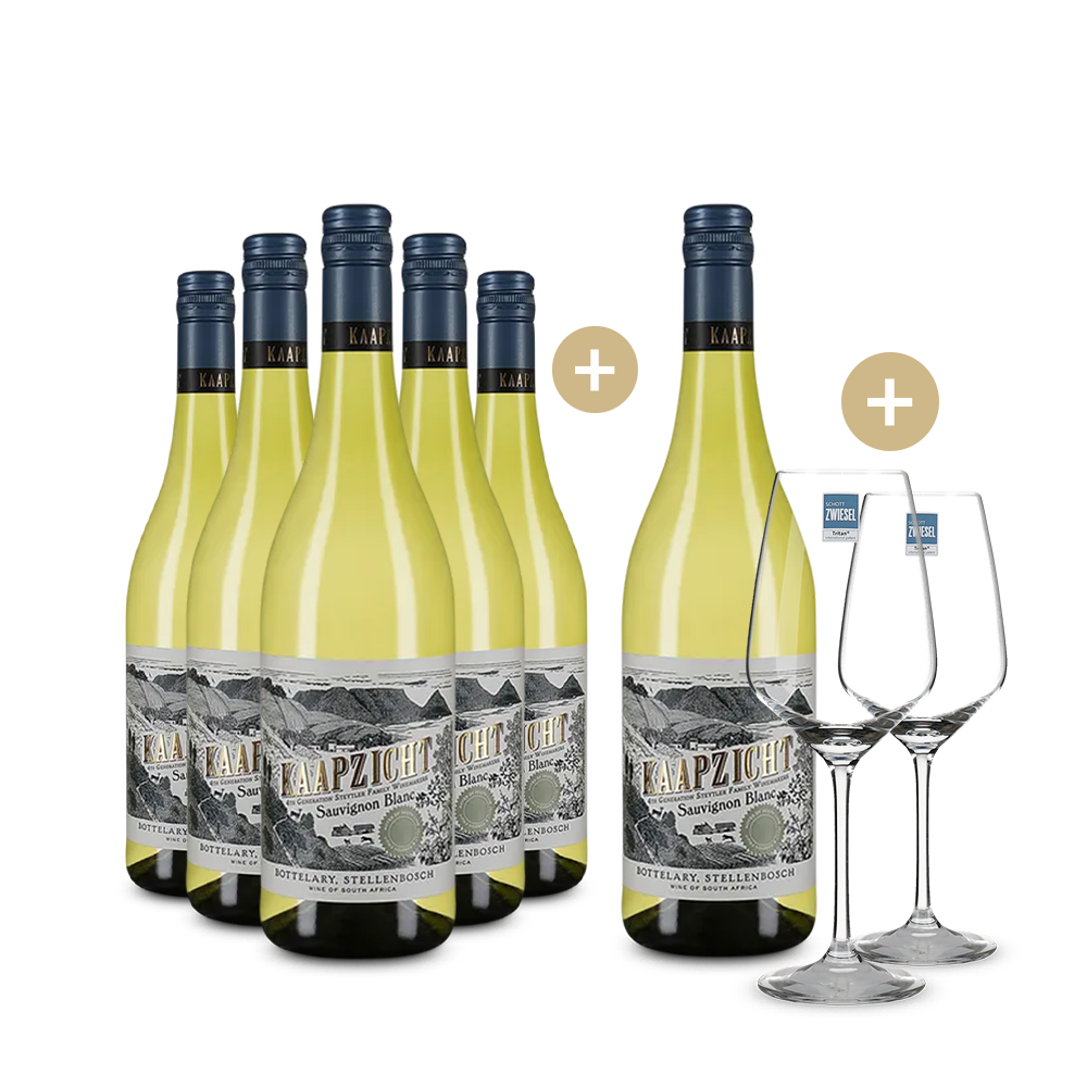 5+1 Flaschen Kaapzicht Sauvignon Blanc + 2 Weingläser