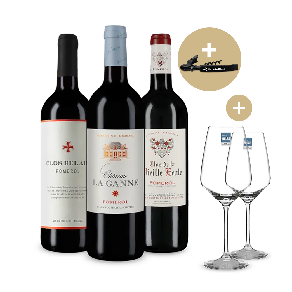 Pomerol deluxe im Set: 3 Flaschen, 2 Weingläser + Kellnermesser