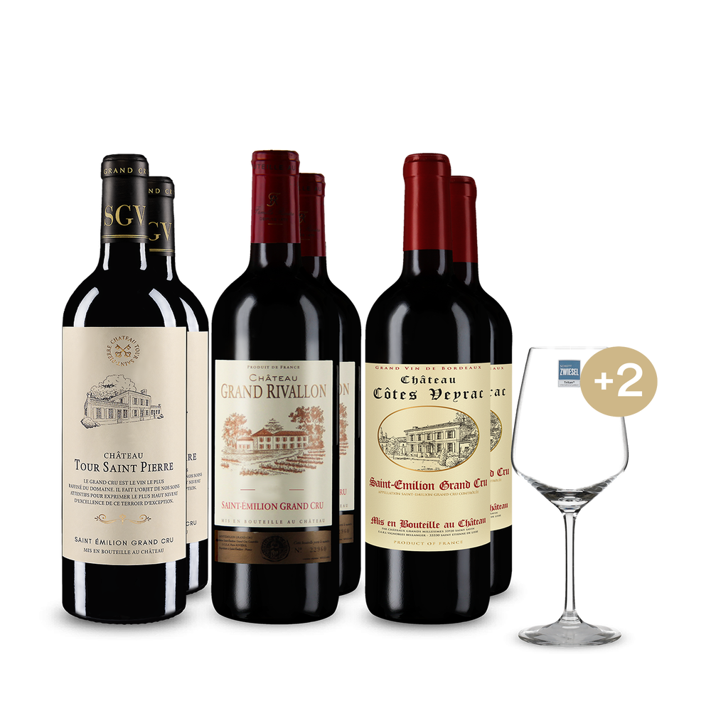 St. Emilion Grand Cru: 3x2 Flaschen + 2 Weingläser im Set