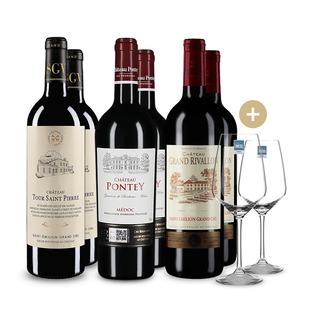 3x2 Flaschen Bordeaux-Genuss + 2 Gläser