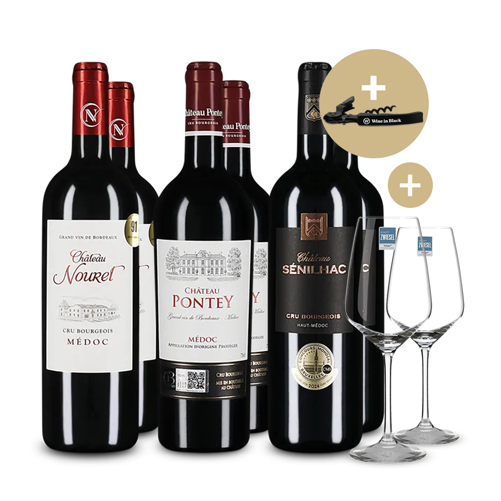 Cru Bourgeois deluxe: 3x2 Flaschen + Kellnermesser & zwei Gläser