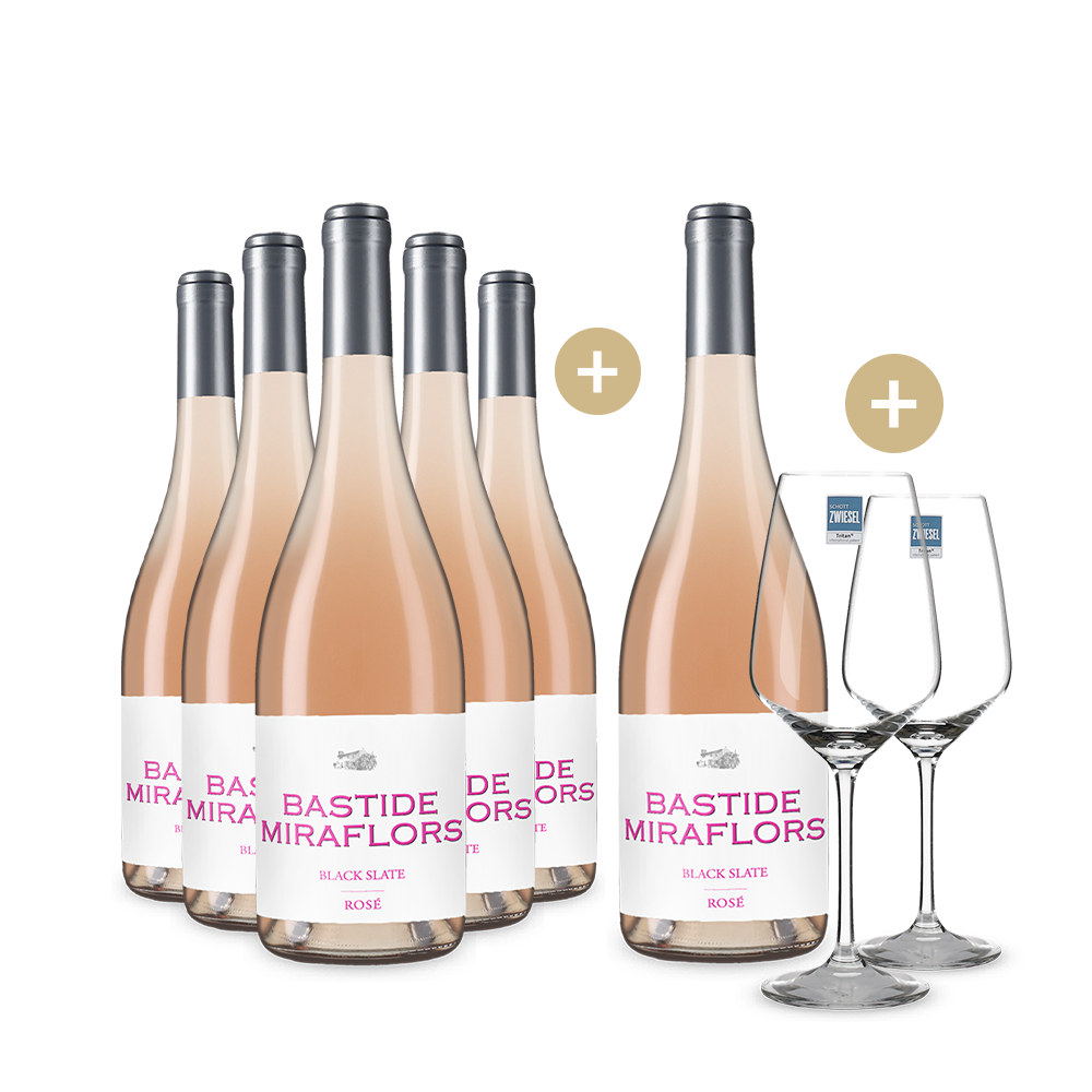 5+1 Flaschen Bastide Miraflors Black Slate Rosé 2024 + 2 Weingläser