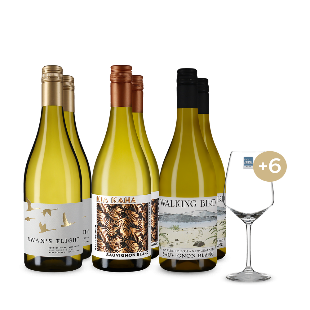 Sauvignon-Blanc deluxe: 3x2 Flaschen + 6 Gläser im Set
