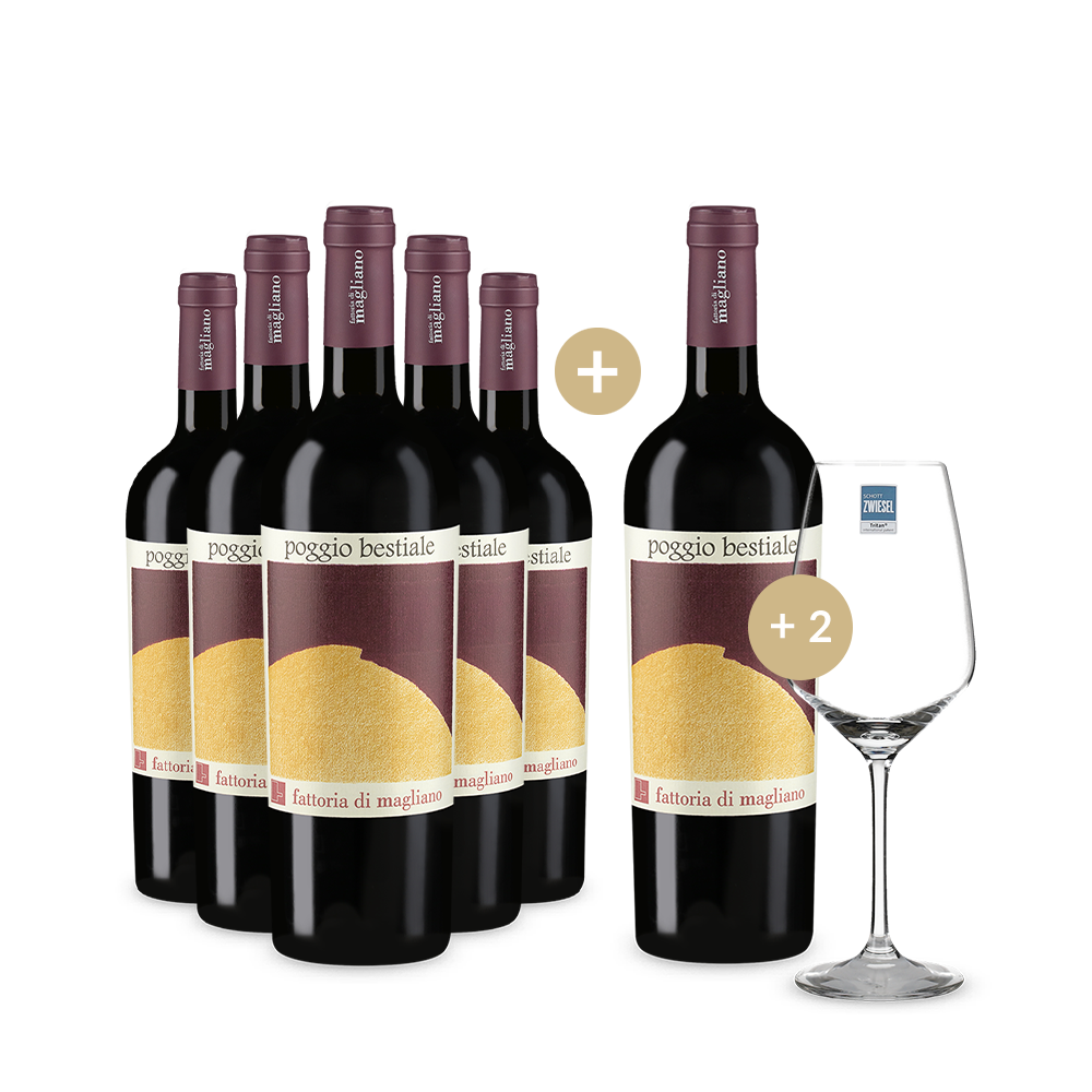 5+1 Flaschen Poggio Bestiale Maremma 2019 + 2 Weingläser