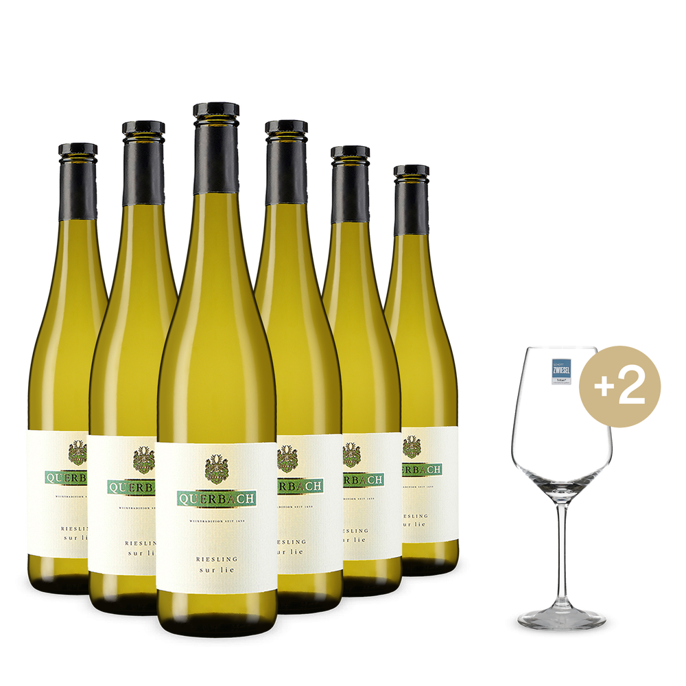 6 Flaschen Riesling sur lie 2014 + 2 Weingläser